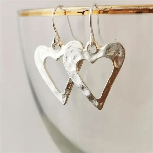 Large Heart Dangle Earrings Hammered Silvertone Drop Open Design Fashion Jewelry - Picture 1 of 4